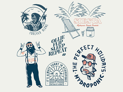 HYDROPONIC T-SHIRT GRAPHICS badge beach beer cartoon death hippie icecream icon illustrator lettering line art logo palm summer tshirt type vector