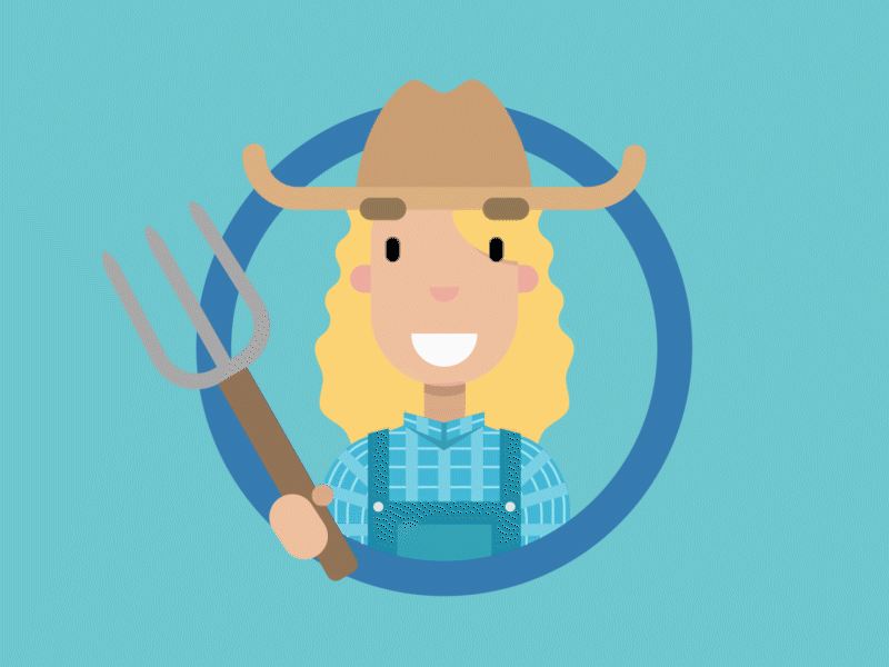 Sleepy Farm Girl 3d character animation cowboy hat farmer flat game animation overalls pitchfork plaid sleepy vector