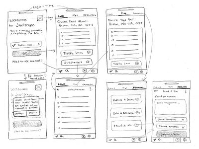 Juriscape - Early low fidelity wireframes design low fidelity mobile mobile first mockup mvp process product development prototype sketch uiux user flows ux design web app web application web design wireframe