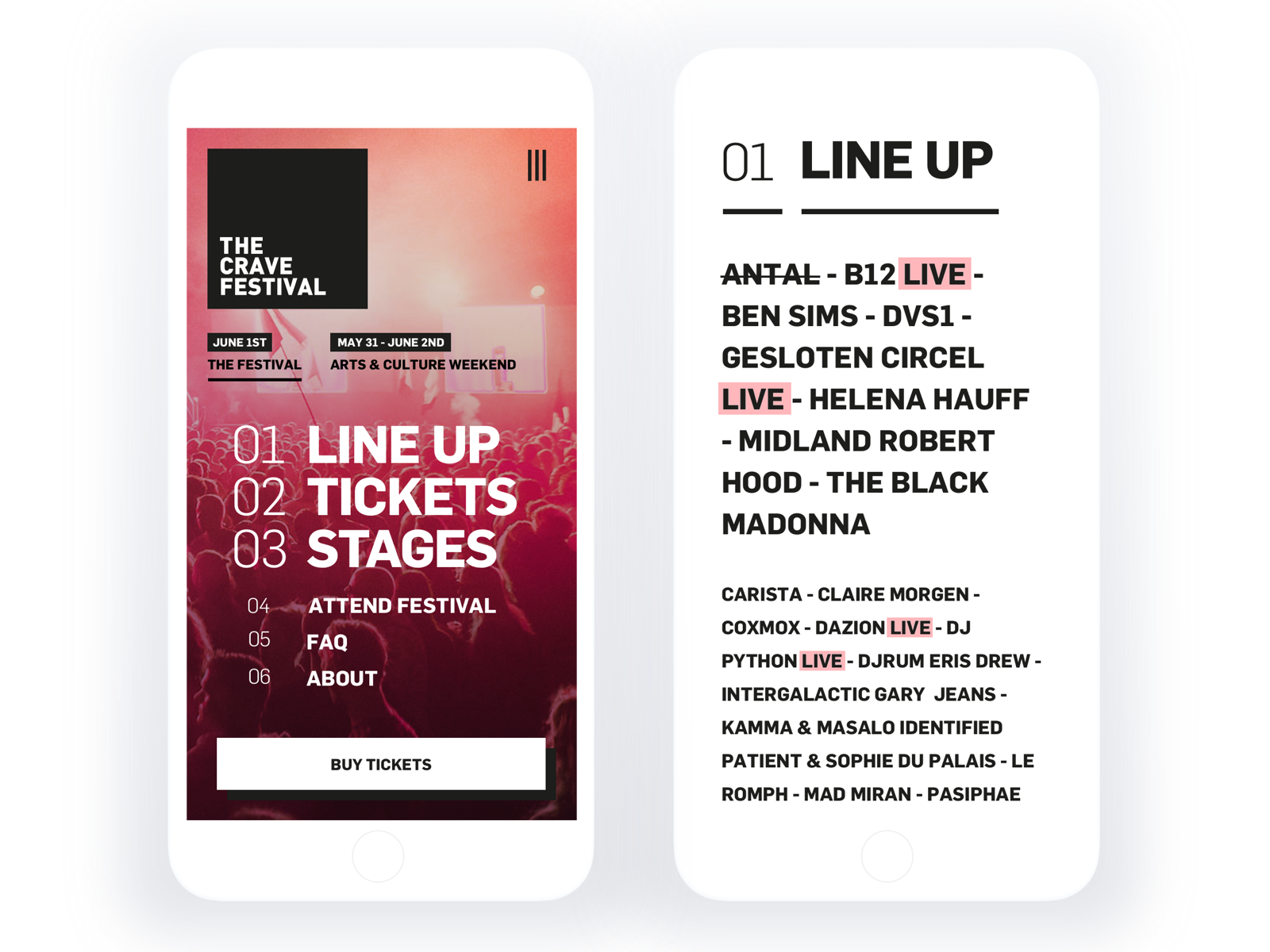 The Crave Festival - Mobile black white festival gradient homepage mobile mobile design mobile home pink responsive sketch the crave thecravefestival ticket ticketshop
