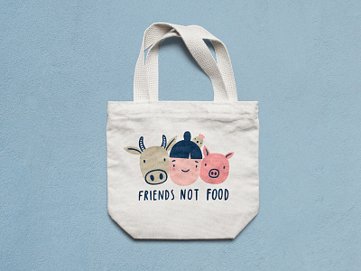 Vegan girl cartoon chicken cow cruelty free ethical friends not food funny girl illustration pig plant based totebag vector vegan