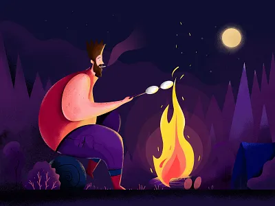 Campfire bonfire camp campfire camping character fire illustration man moon outdoor people smoke tent ui web website