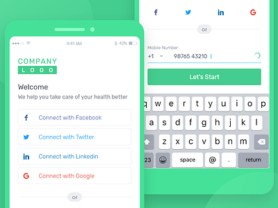 Login Sign In Flow Social Network And Mobile Number With Otp android app clean clean app design color flat green ios login otp screen sign in sign up simple template ui ui kit verification ‎design ‎mobile
