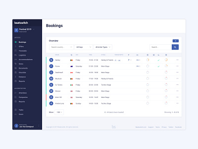 Beatswitch bookings overview actions button card data filter interface navigation row search select sidebar table ui user web design