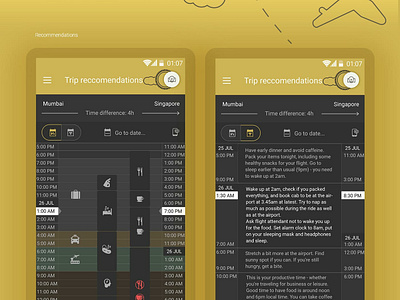 Trip recommendation screen flat flight flight app flight booking app gold illustration interface mobile app plane planes recommendation route travel travel app trip ui uiux user interface ux ux design