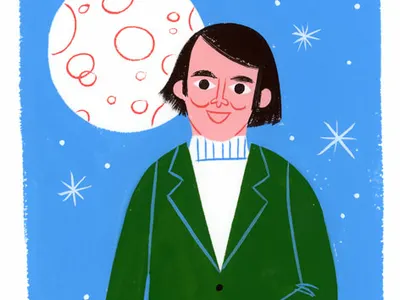 Carl Sagan - Cosmos 70s carl sagan color cosmos design editorial fan art gouache icon illustration kidlit lifestyle moon pbs portrait space spot illustration