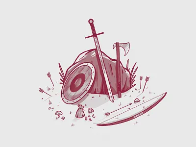 Adventurer's Inventory axe bow illustration procreate rock shield sword