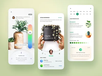 Plant Care App. app app design calendar clean list management message mobile mobile app mobile design plant profile reminder schedule setting temperature ui