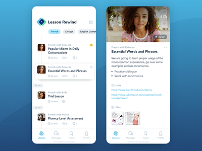 Lesson rewind course education ios languages learning lesson mobile app teaching tutor ui ux video call