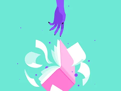 It was bound to happen - book bright colour dots falling flying girl hand illustration illustrator notebook pages paper pink purple reach shadow vector