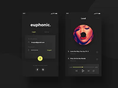 euphonic Music App clean creative dark app minimal mobile app modern music app ui