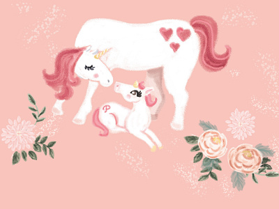 Mama & baby unicorn Florals digital art illustration unicorn