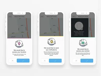Messages UI for application permissions accept access app ask colorful design drawer illustration ios location map mobile notification notifications permissions photo reject ui ux vector