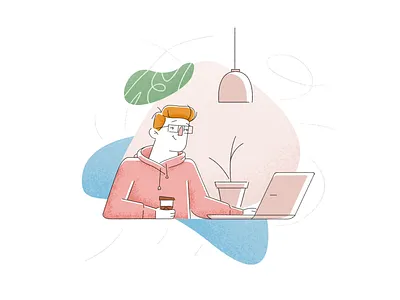 Designer brush coffee design designer designer illustration grain illustration laptop man person plant style work