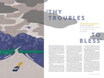 Thy Troubles to Bless magazine spread byu magazine editorial design editorial illustration