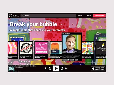 Kieku Landing Page audio brave cards colorful dark dark ui landing page multicolor music player podcast podcasting ux web app