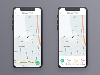 Taxi Driver Statuses app design drawer free ios location map mobile navigation off duty on a break on a ride ride status ui ux