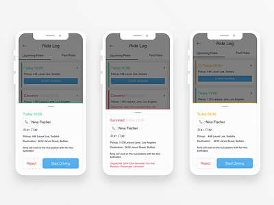 Taxi Driver Ride Information app calendar canceled cancelled card cards cards ui drawer ios list log mobile navigation reject ride rides time ui upcoming ux