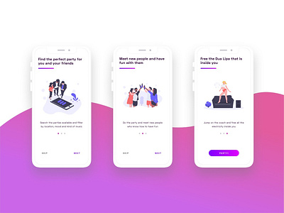 Party finding onboarding app ios gradient gradient color music party event pink purple social app violet