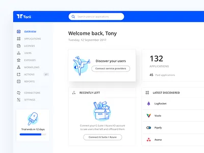 Torii - Dashboard - snippet app applications clean dashboard delight design empty state hr ice cream illustration interface management saas torii ui ui elements user experience users ux web app