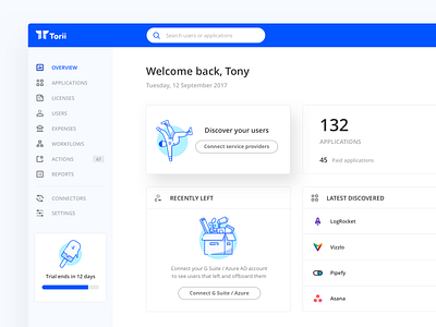 Torii - Dashboard - snippet app applications clean dashboard delight design empty state hr ice cream illustration interface management saas torii ui ui elements user experience users ux web app