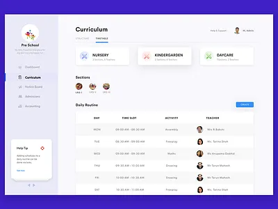 Pre-School timetable master dashboard erp interaction design