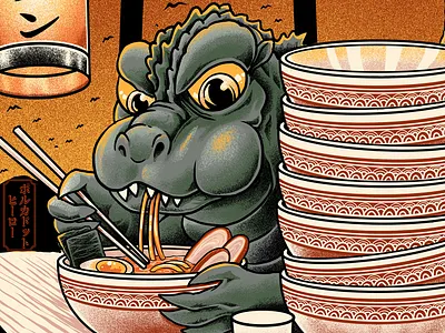 ramenzilla animation branding design food godzilla icon illustration japan japanese logo monster polkadothero ramen t shirt tatto tshirt tshirtdesign typography vector