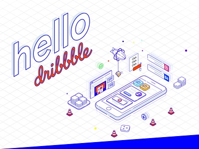 Isometric Hero image branding brutalism brutalist debut hello dribbble hero banner illustration isometric ui vector