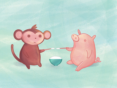 Monkey and Pig Friends animal artwork cartoon character childrens illustration cute flat design graphic art illustration monkey photoshop pig rice texture vector