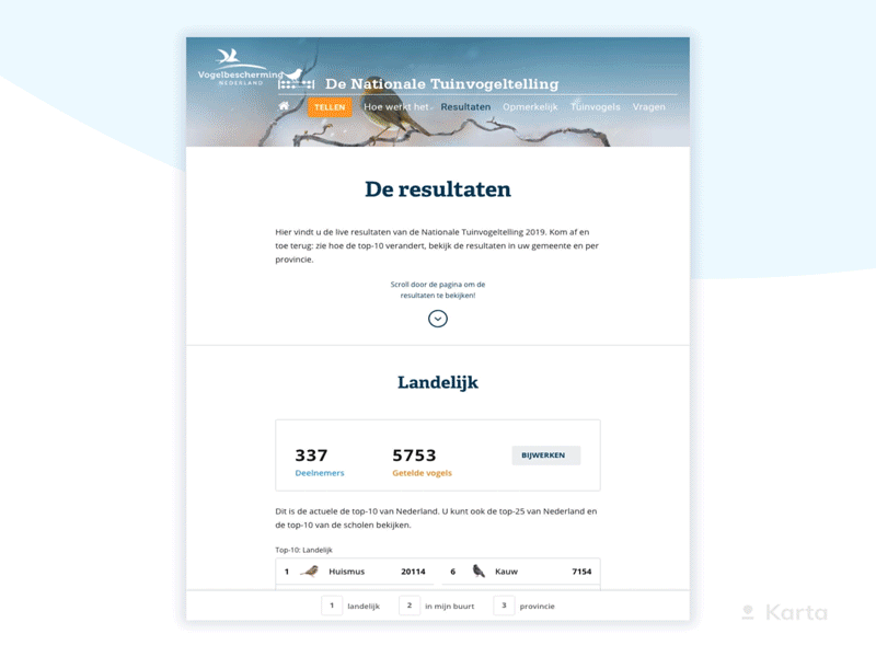 Nationale Tuinvogeltelling 2019 | Real-time data visualization appdesign choropleth coding data dataviz design figma gif gis icon interactive live mapviewer modal modal window real time statistics ui ux web