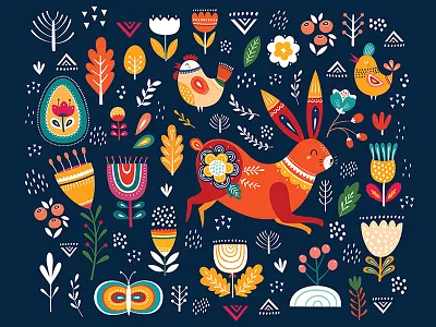 Pattern with hare and flowers animal artwork background branding cartoon character cute design drawing easter easter bunny hare illustration logo pattern symbols vector