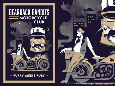 Bearback Bandits bandit bear biker book cigar club cover face illustration moon motorcycle night noir poster ride sky skyline smoke star texture