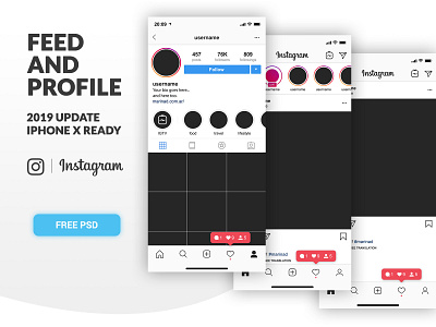 Instagram Feed & Profile UI | Free PSD iPhoneX ready free freebie instagram instagram design interace iphone x photoshop psd ui