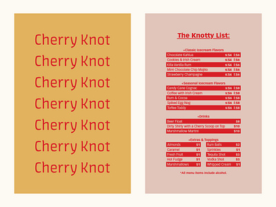 Cherry Knot Menu adobe adobe live adobe live challenge alcohol business card cherry ice cream liquor minimal orange pink red