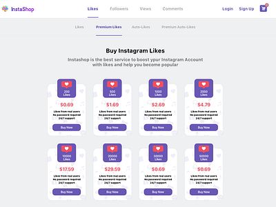 InstaShop Redesign card flat insta instragram likes menu bar packages shop ui ux design