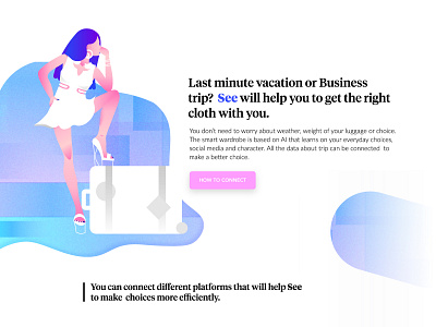 Travel with "See" ai artificial character concept flat future futuristic illustration intelligence landing page suitcase travel website woman