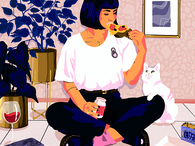 Selfportrait cat lady character design editorial art editorial illustration fashion female girl illustration illustrator josephinerais modern art pattern pizza procreate selfportrait