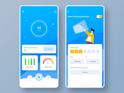 Smart Water Purifier Companion App app card clean daily design flat gradient graph illustration minimal purifier reminder ui water weekly