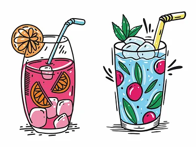 Cocktails with ice berry cocktail design glass ice icon illustration mint orange red sketch summer vector