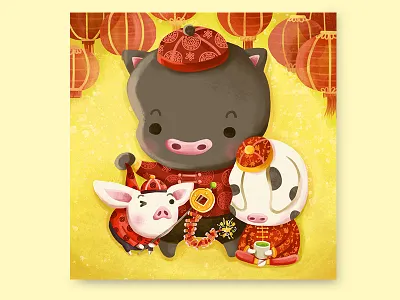 Happy Chinese New Year art celebration chinese new year digital digital art happy chinese new year happy new year illustration lanterns new year painting photoshop pigs three little pigs year of pig
