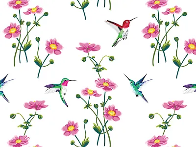 hummingbirds and pink anemones (textile print) flowers hummingbird pattern print textile textile design textile pattern textile print vector