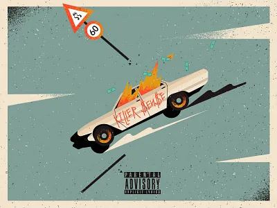 Killer Sense car clouds fire flat illustration money music sky texture vector wheels