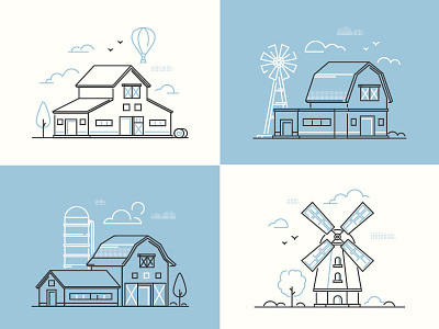 Farm buildings barn country design eco farm illustration line vector windmill