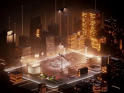 Building scene for Landing page 3d animation branding build building c4d city construction crane drone flying gold lights motion night overflying startup ui