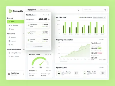 Nexwealth - Dashboard for Finance Website analysis balance chart dashboard finance fund income invesment management minimalist modern money profit report savings side bar ui ux wealth website