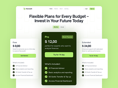 Nexwealth - Finance Website Pricing Section analysis finance fund income invesment management minimalist modern money plan pricing profit report savings ui ux wealth website