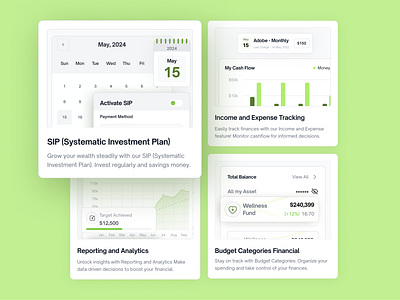 Nexwealth - Finance Website Bento Card Design balance bento card calendar chart features finance fund income invesment management minimalist modern money profit report savings ui ux wealth website