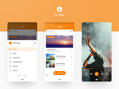 VLC Player Redesign android app application clean design google list view material design media menu mobile orange player simple slide ui ux video vlc