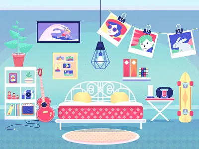 Fujifilm bedroom frame guitar polaroid skateboard vector art