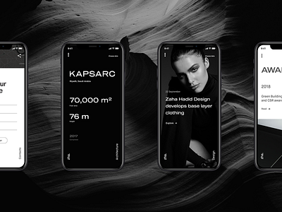 Zaha Hadid Architecture adaptive architecture black and white flat grayscale hi tech interaction iphone x mobile modern ui ux design